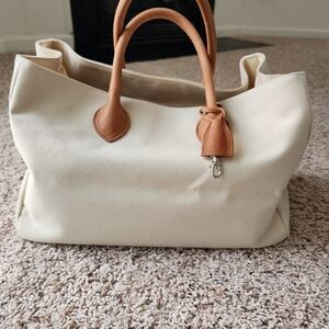 NWOT Mark And Graham Elisabetta Elegant Cream Canvas and Leather Tote Bag